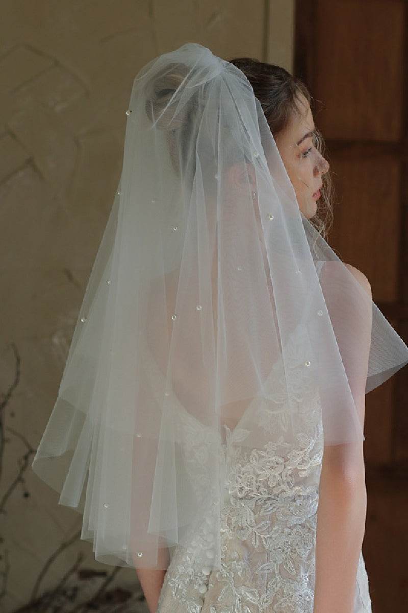 Two-tier Beaded Edge Tulle Elbow Veils with Beading 885484875185 - COCOMELODY